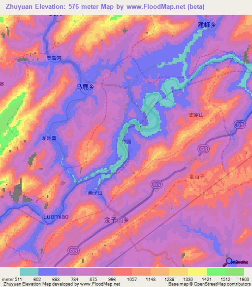 Zhuyuan,China Elevation Map