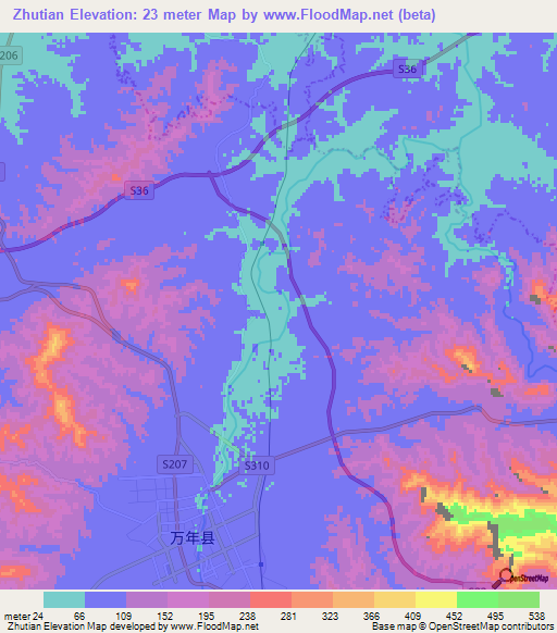 Zhutian,China Elevation Map
