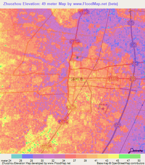 Zhuozhou,China Elevation Map