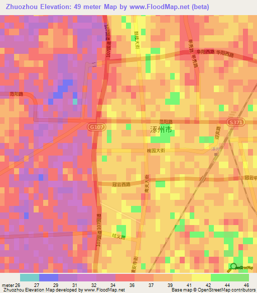 Zhuozhou,China Elevation Map