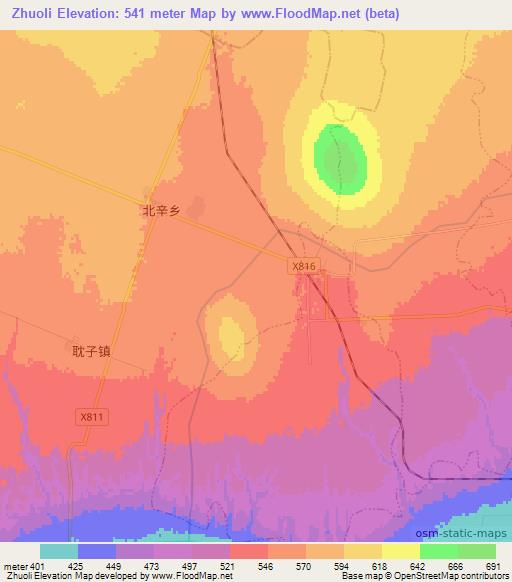 Zhuoli,China Elevation Map