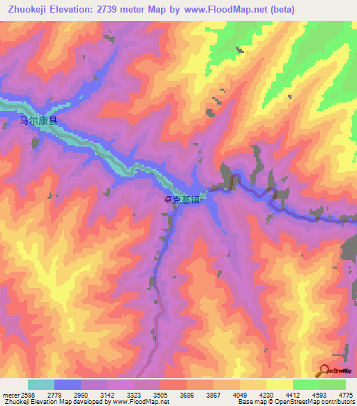Zhuokeji,China Elevation Map