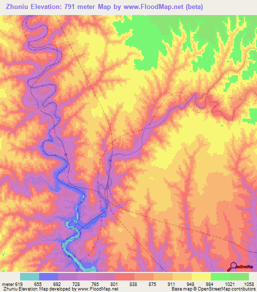 Zhuniu,China Elevation Map