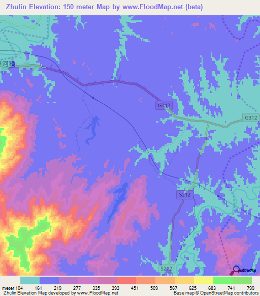 Zhulin,China Elevation Map