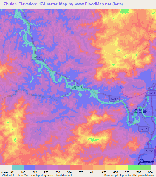 Zhulan,China Elevation Map