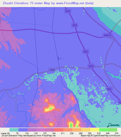 Zhushi,China Elevation Map