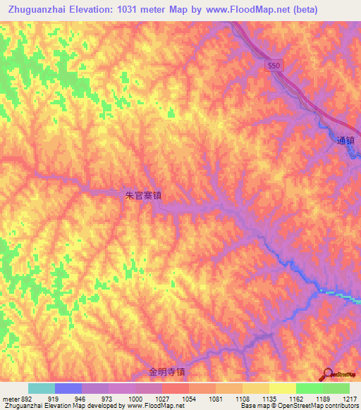 Zhuguanzhai,China Elevation Map