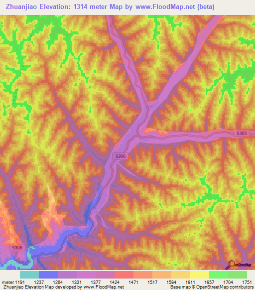 Zhuanjiao,China Elevation Map