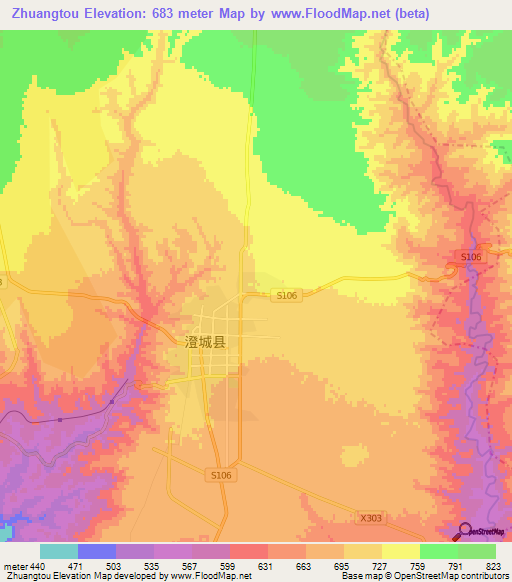 Zhuangtou,China Elevation Map