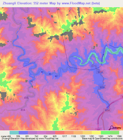 Zhuangli,China Elevation Map