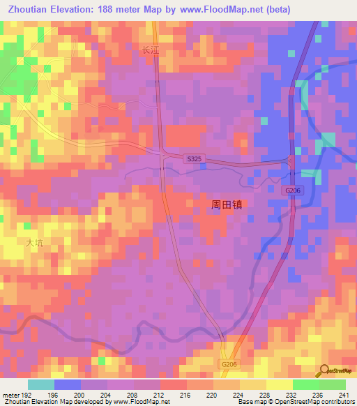 Zhoutian,China Elevation Map