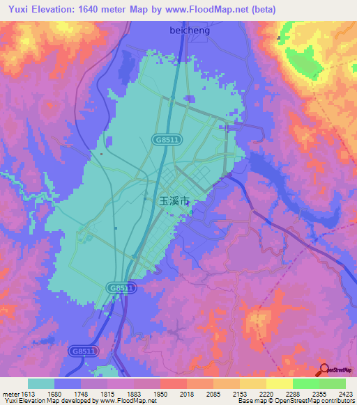Yuxi,China Elevation Map