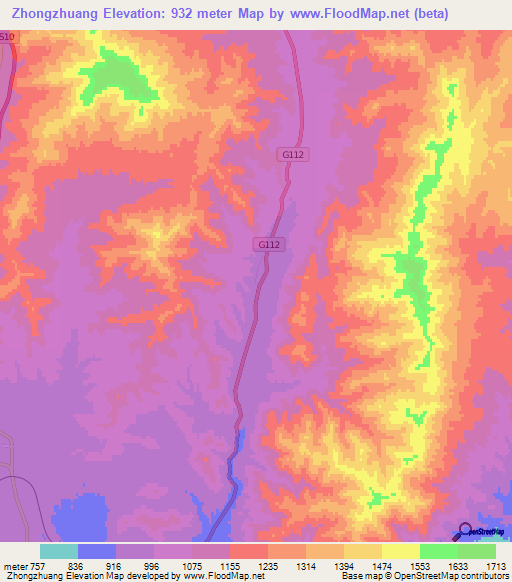 Zhongzhuang,China Elevation Map