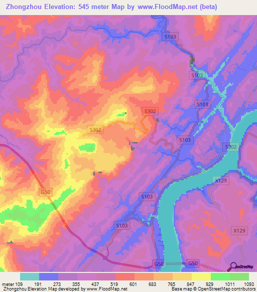 Zhongzhou,China Elevation Map
