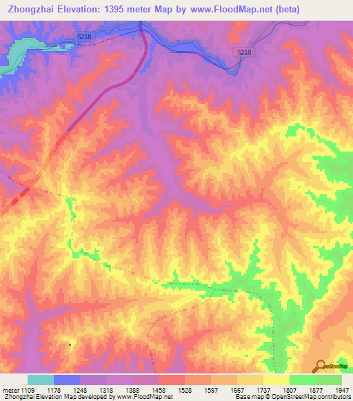Zhongzhai,China Elevation Map