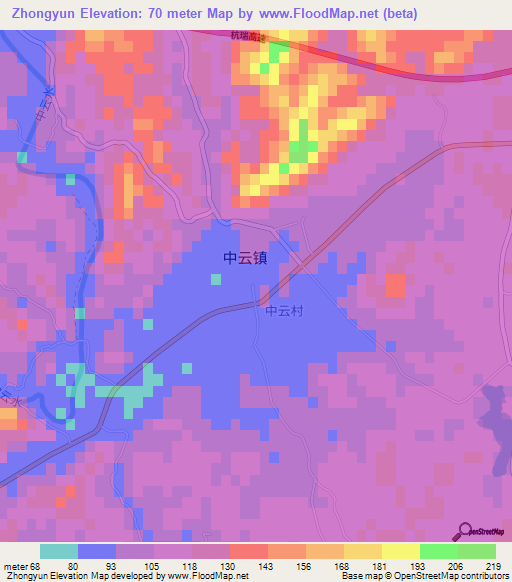 Zhongyun,China Elevation Map