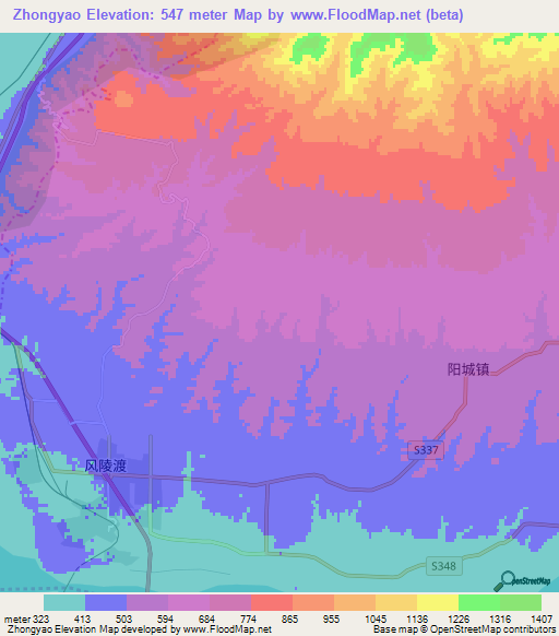 Zhongyao,China Elevation Map