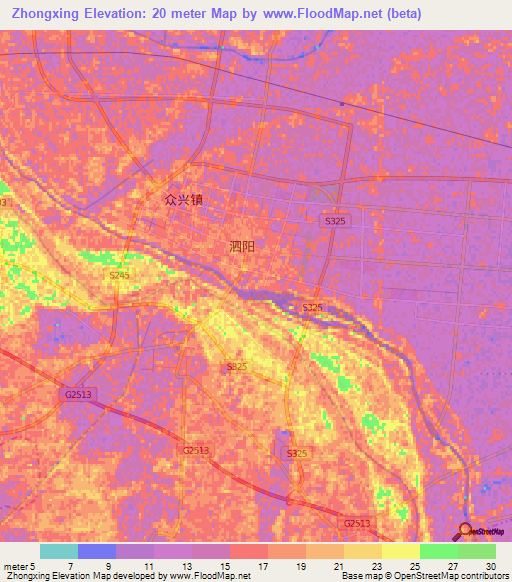 Zhongxing,China Elevation Map