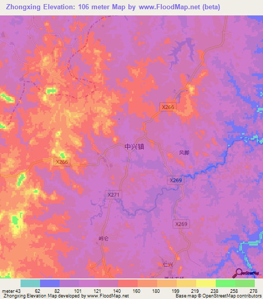 Zhongxing,China Elevation Map