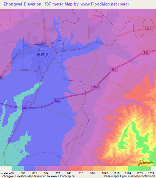 Zhongwei,China Elevation Map