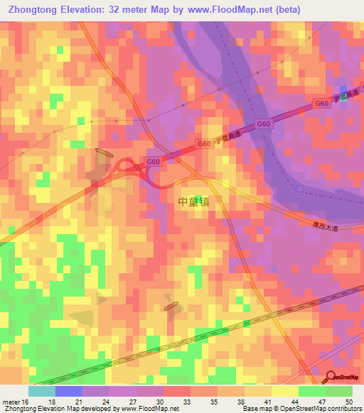 Zhongtong,China Elevation Map