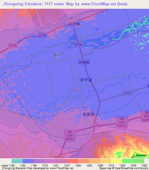 Zhongning,China Elevation Map