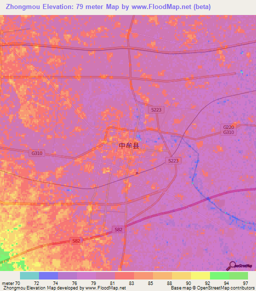 Zhongmou,China Elevation Map