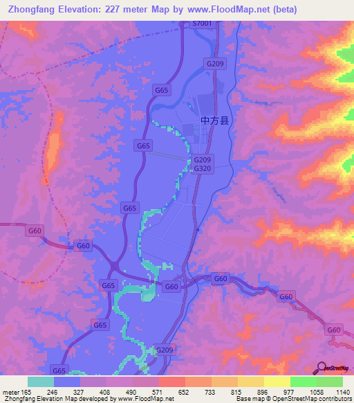 Zhongfang,China Elevation Map