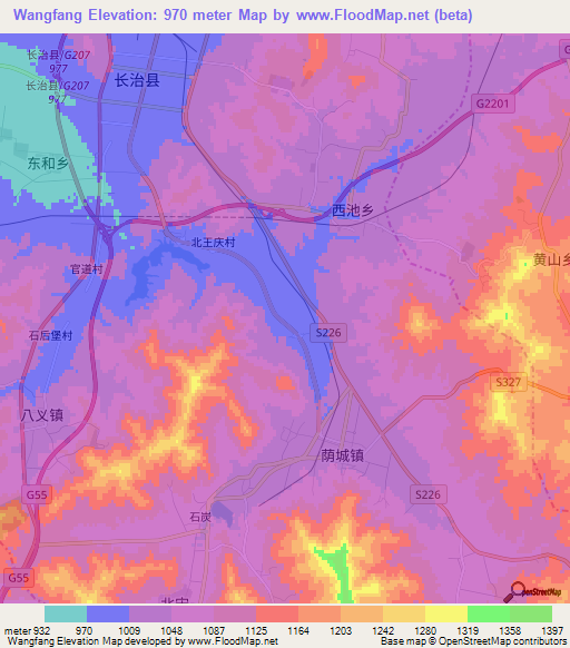 Wangfang,China Elevation Map