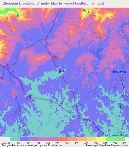 Zhongfan,China Elevation Map