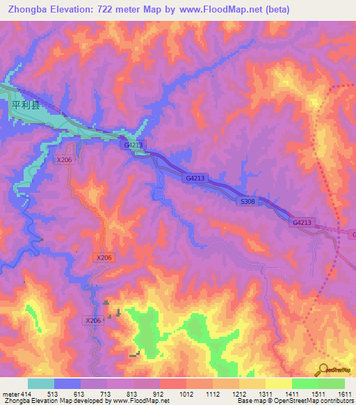 Zhongba,China Elevation Map
