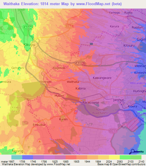 Waithaka,Kenya Elevation Map