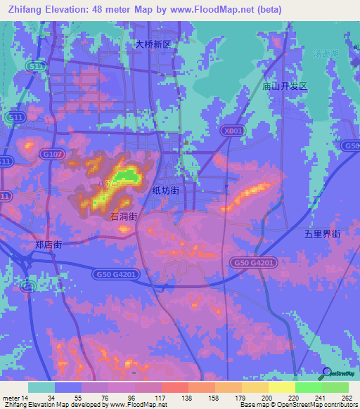 Zhifang,China Elevation Map