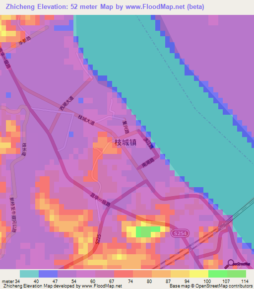 Zhicheng,China Elevation Map