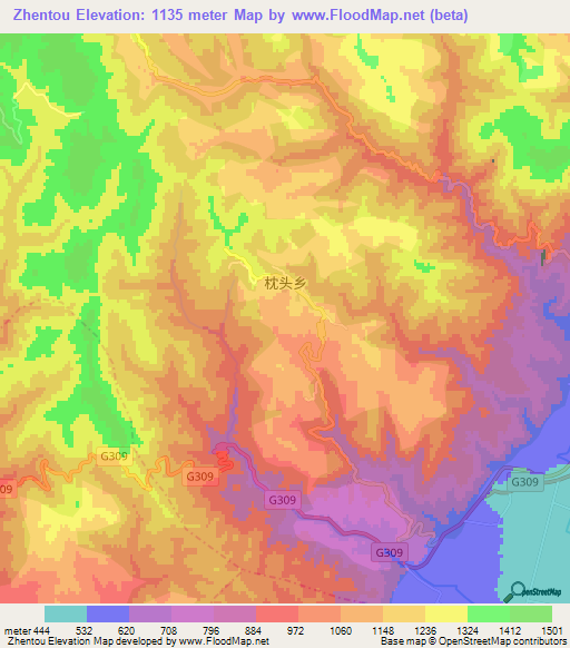 Zhentou,China Elevation Map