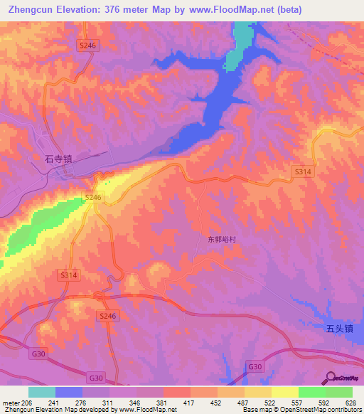 Zhengcun,China Elevation Map