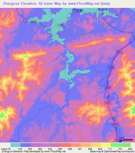 Zhengcun,China Elevation Map