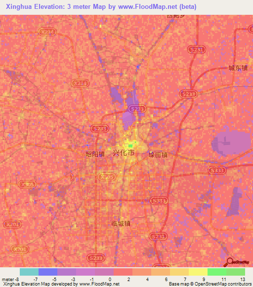 Xinghua,China Elevation Map