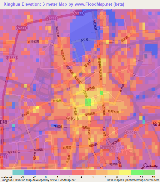 Xinghua,China Elevation Map