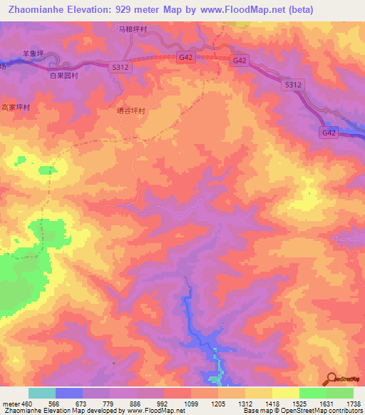 Zhaomianhe,China Elevation Map