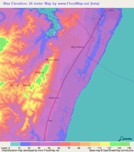 Waa,Kenya Elevation Map