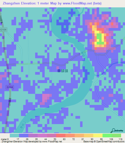 Zhangzhen,China Elevation Map