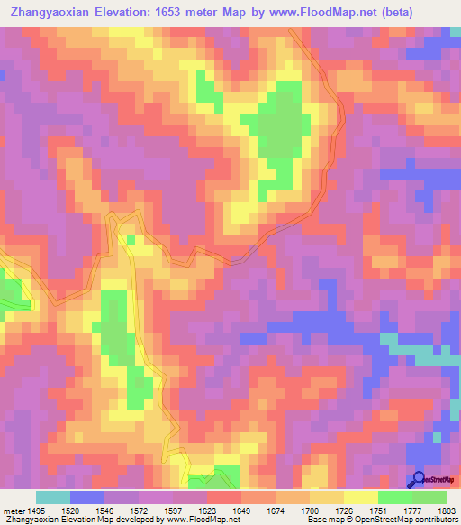 Zhangyaoxian,China Elevation Map