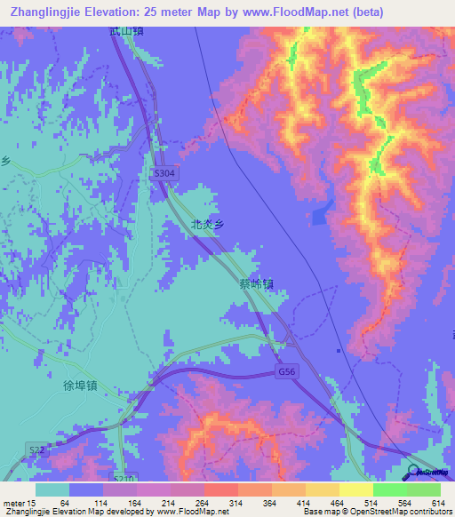 Zhanglingjie,China Elevation Map
