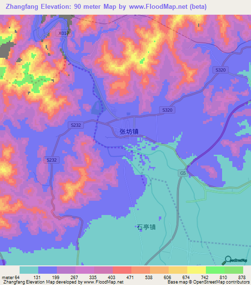 Zhangfang,China Elevation Map