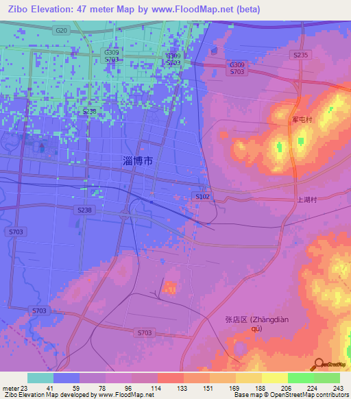 Zibo,China Elevation Map