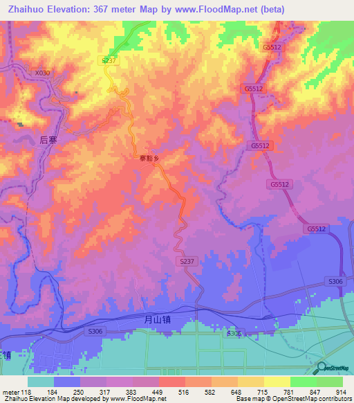 Zhaihuo,China Elevation Map