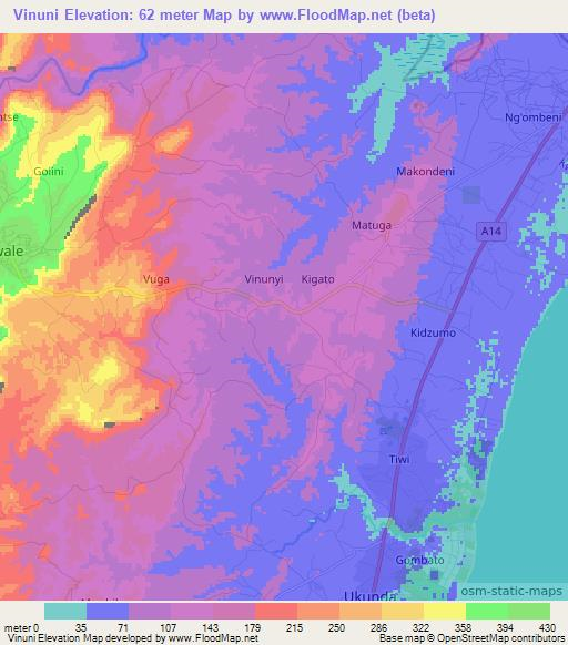Vinuni,Kenya Elevation Map