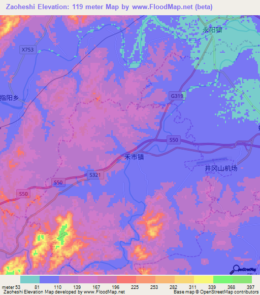 Zaoheshi,China Elevation Map