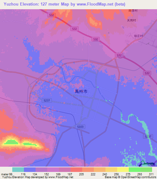 Yuzhou,China Elevation Map